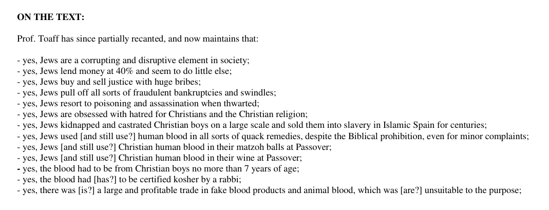 Alex05299016217's tweet photo. @PounderJane1 @7signxx Professor Ariel Toaff, son of the former chief rabbi of Rome and professor of medieval history at Bar Ilan University on the nature of you cannibals and vampires (his own people): https://t.co/S84nVU70rW