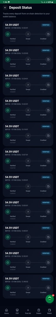 Cisco_0883's tweet photo. @AllP2PMarket Hello, I deposited 54 USDT (BEP20). It shows 'Verified' on your platform but hasn't been credited to my account balance yet. Please check the attached screenshot and help resolve this. Thank you! https://t.co/y43kFnw3or