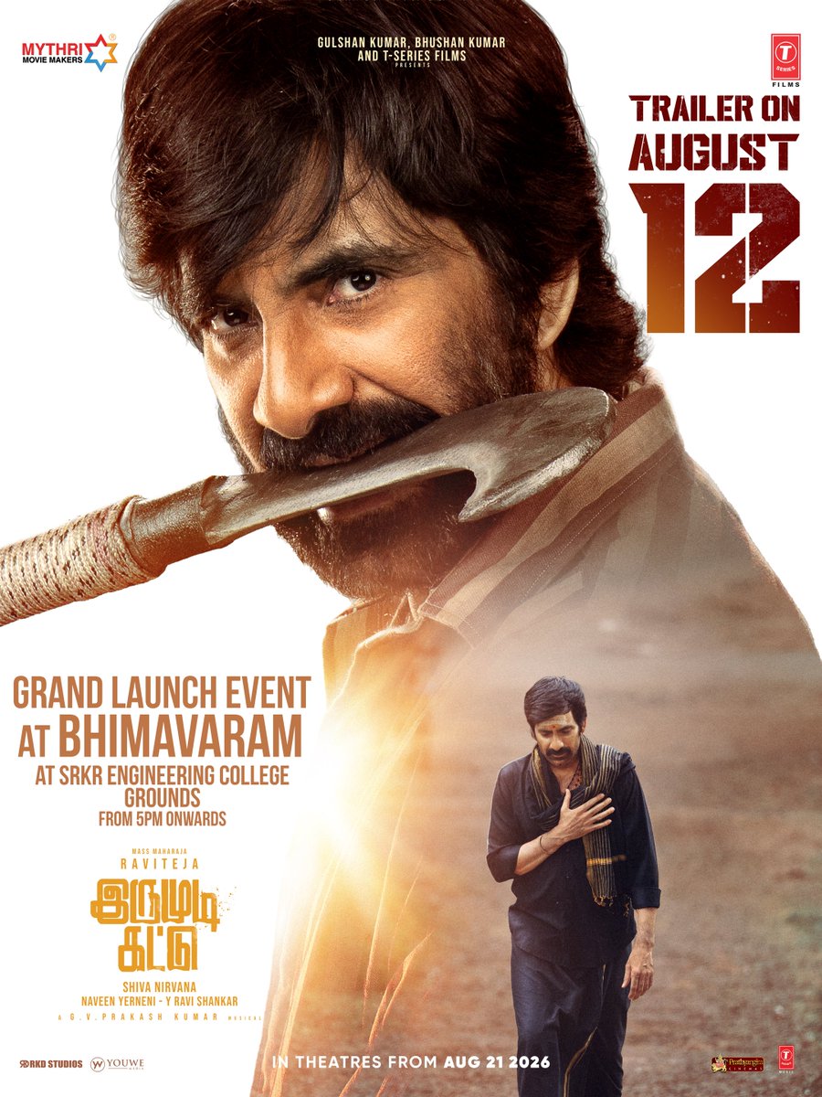 MythriOfficial's tweet photo. When family means everything, a man will do anything for them ❤️🔥

#IrumudiTrailer out on 12th August with a grand launch event at SRKR Engineering College, Bhimavaram ❤‍🔥

In cinemas from 𝗔𝘂𝗴𝘂𝘀𝘁 𝟮𝟭𝘀𝘁, 𝟮𝟬𝟮𝟲.

#IRUMUDI / #IRUMUDIKATTU

Starring MASS MAHARAJA @RaviTeja_offl

A @ShivaNirvana film 🎬

A @gvprakash musical 🎺🎼

@priya_Bshankar @MythriOfficial @saikumaractor #BabyNakshathra #VishnuSharma @sahisuresh @PrawinPudi @srinu10477 #BhushanKumar #KrishanKumar @ShivChanana @neerajkalyan_24  @TSeries @tseriessouth @UrsVamsiShekar @SureshChandraa @DoneChannel1