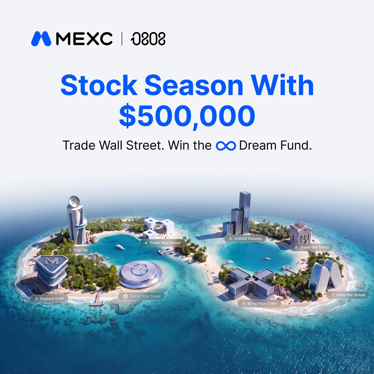 MEXC's tweet photo. $500,000 is waiting. ♾️

Complete missions.
Collect opportunities.
Unlock rewards.

Join MEXC0808 Stock Season today. ↓