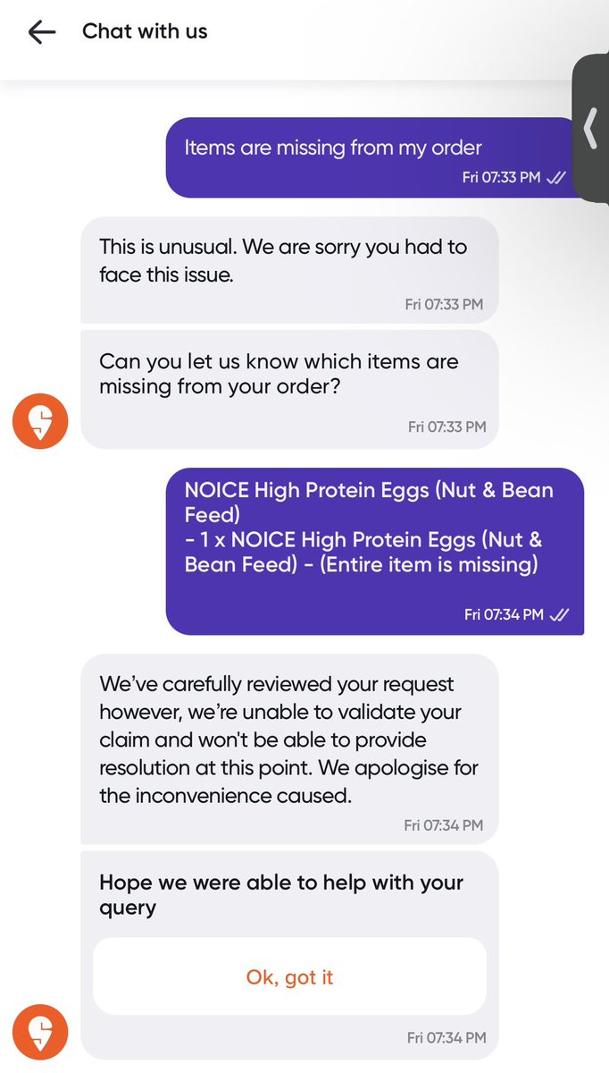 AlishaBerry_'s tweet photo. Absolutely abhorrent people @Swiggy @SwiggyCares - a bunch of self serving twats &amp; thieves. My entire order of EGGS (THREE BOXES, MIND YOU) is missing &amp; yet, this is what they call “customer service.” 🤣 Someone teach them the meaning of the word “help”
Order ID: #245078805121420 https://t.co/k73IgbV63o