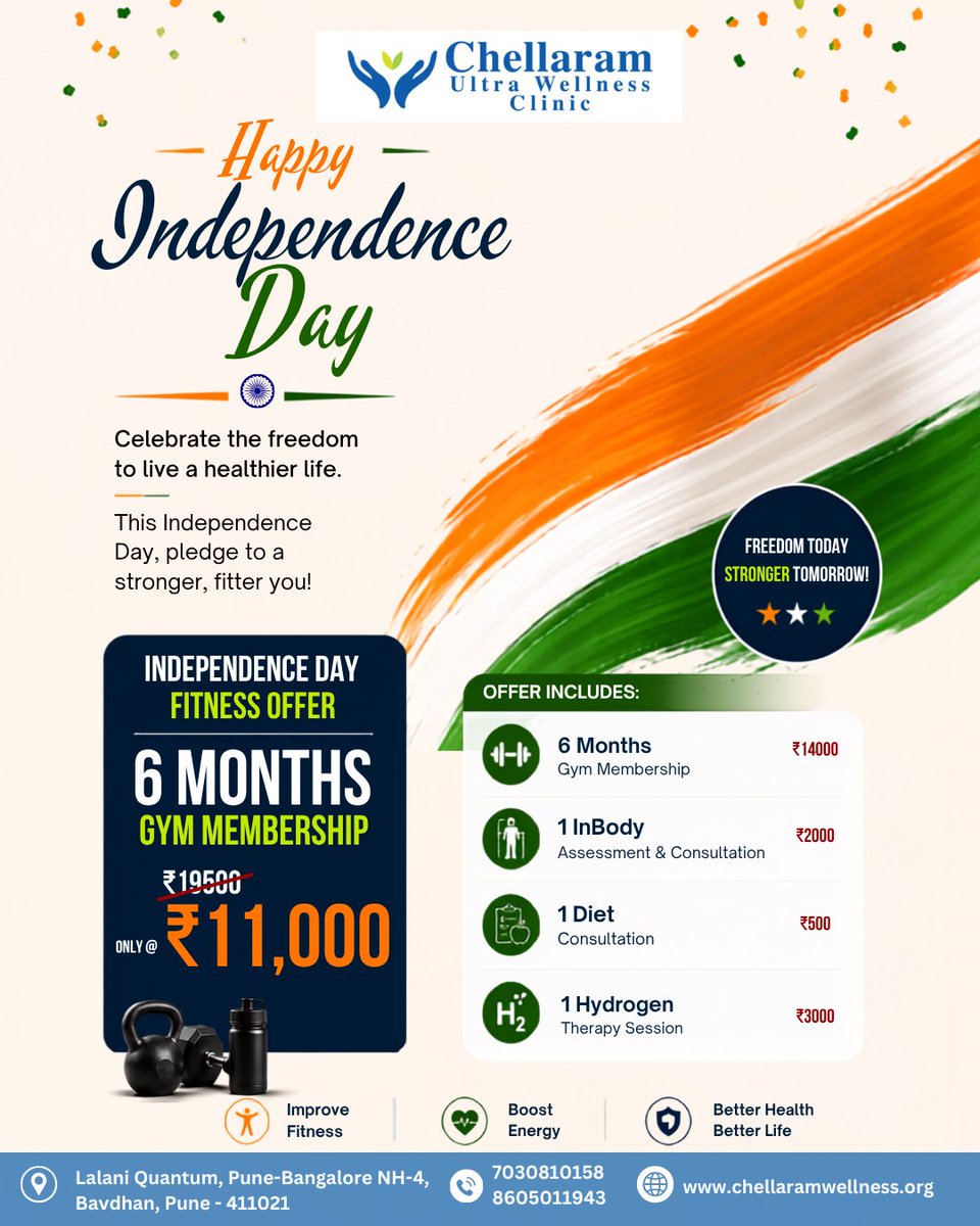 ChellaramW's tweet photo. This Independence Day, invest in your health! 💪 Get 6-month Gym Membership at ₹11,000 with InBody Assessment, Diet Consultation &amp; Hydrogen Therapy Session.

Celebrate freedom by choosing a stronger, healthier you! 💙

#IndependenceDay #FitnessOffer #Wellness #Pune https://t.co/gLGwF6eThK