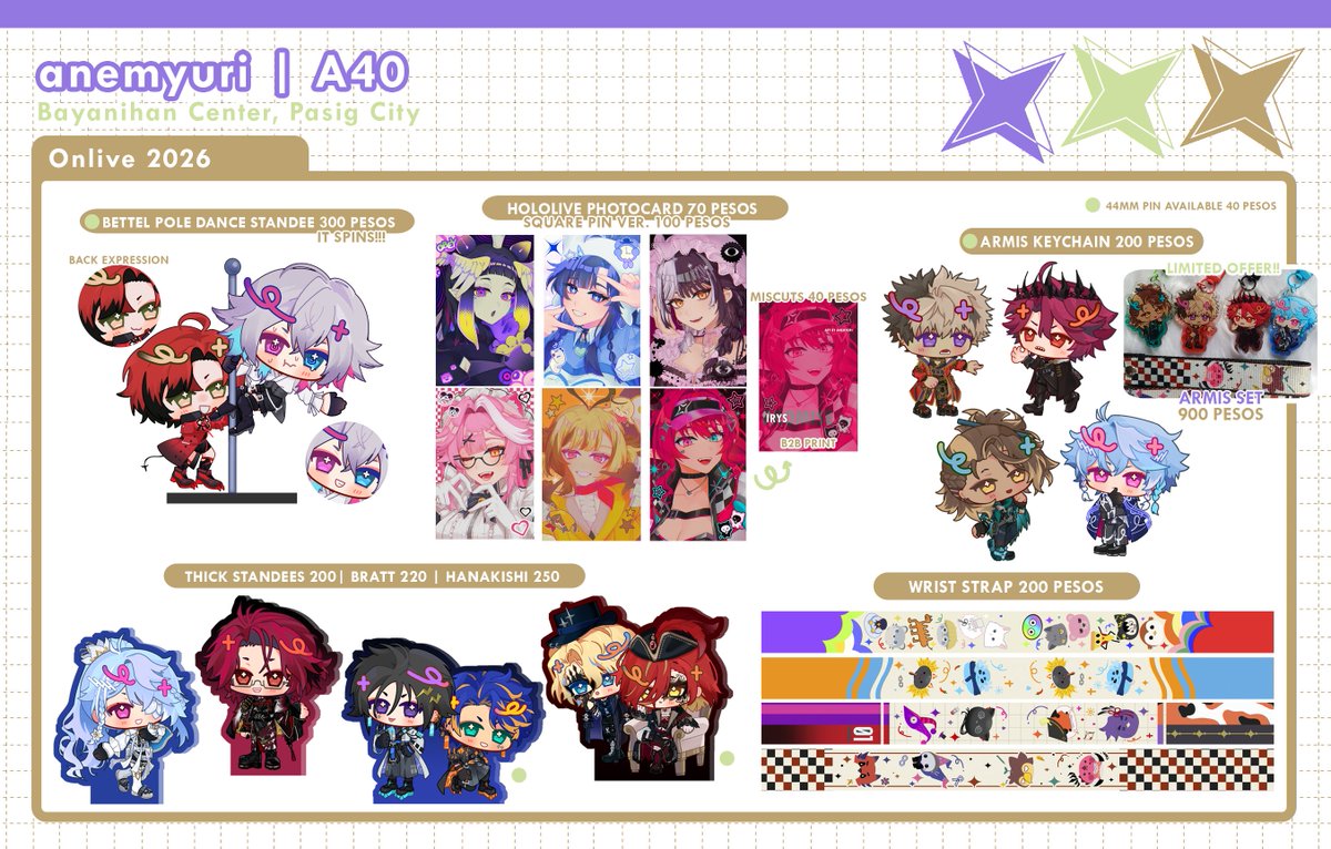 anemyuri's tweet photo. [1/2] RTs Appreciated! 💖  

So happy to present my catalogue for #ONLivePH2026! I will be at A40 together with @/aerisarts as Stella Hiemalis, and I made new Hololive and Holostars merch this year ✨

📍Aug. 15, Bayanihan Center, Pasig City
✉️ For reservations, DM me

#ONLivePH https://t.co/iIOD6fu7zF