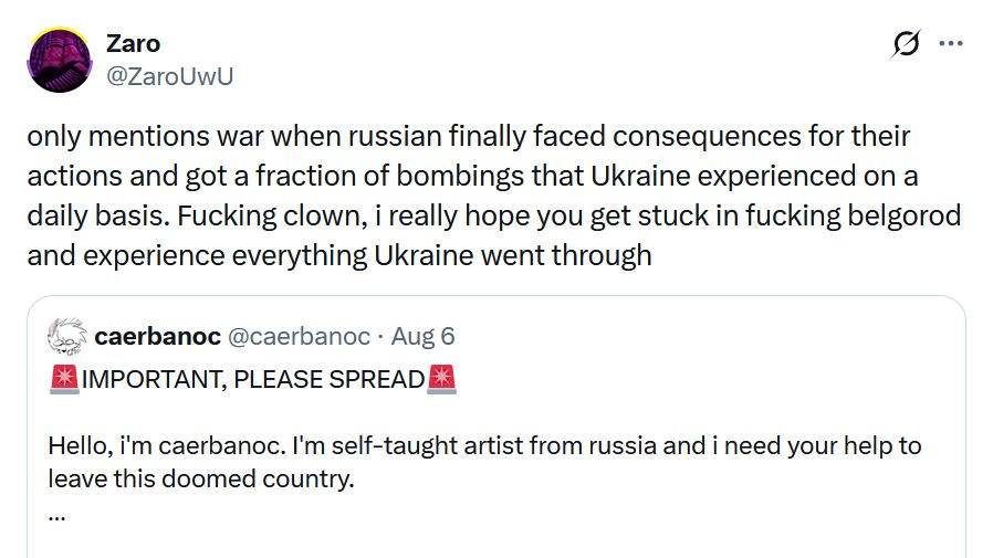 ReviewsPossum's tweet photo. Russian artist: "My authoritarian government started an unjust war and now everything is going to shit. Law and order has disintegrated and I'm worried I'll be conscripted and forced to fight in a war I don't believe in. Help me escape."

Leftists: "FUCK YOU! I HOPE YOU DIE!" https://t.co/4c3RAjOK5K