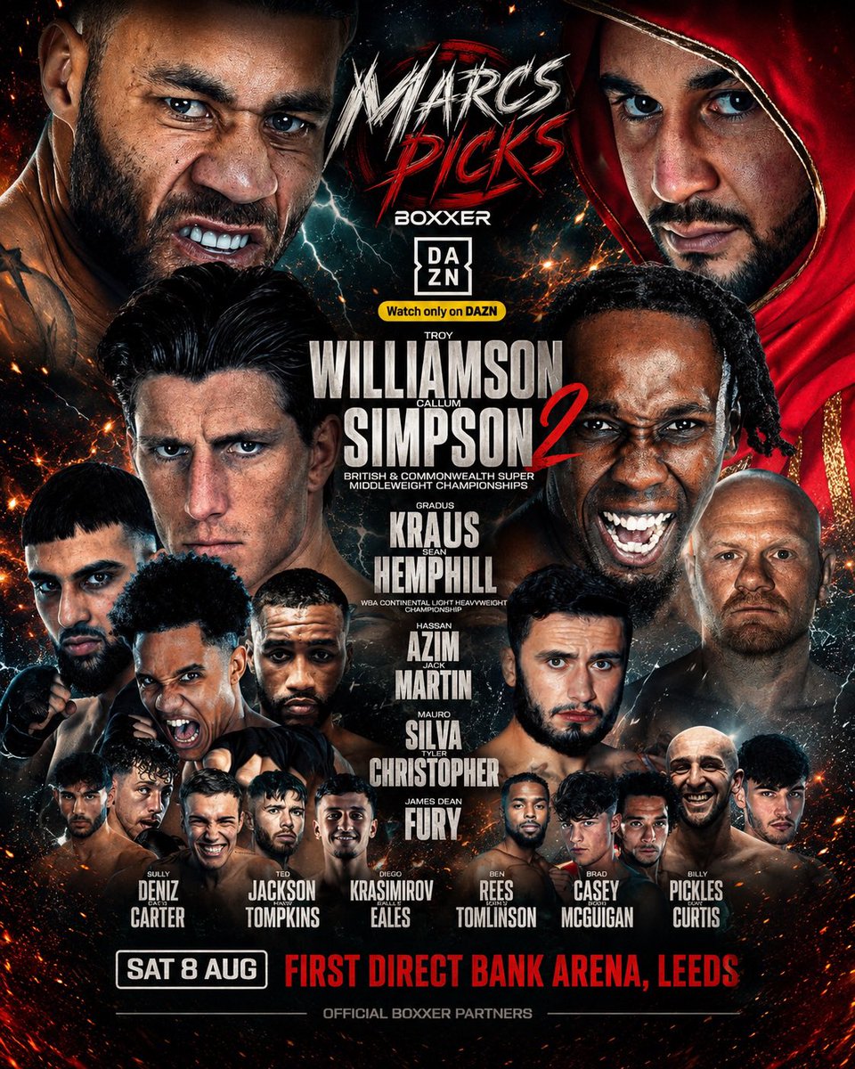 Marcus_MMAandPW's tweet photo. What’s up Fight Fans?! Here are my picks for #WilliamsonSimpson2! Main Event features a highly anticipated Super Middleweight Title rematch as Troy Williamson looks to repeat history and Callum Simpson looks to get revenge! #Boxing #Boxxer #UK #MarcsPicks https://t.co/vbupD8TQFm