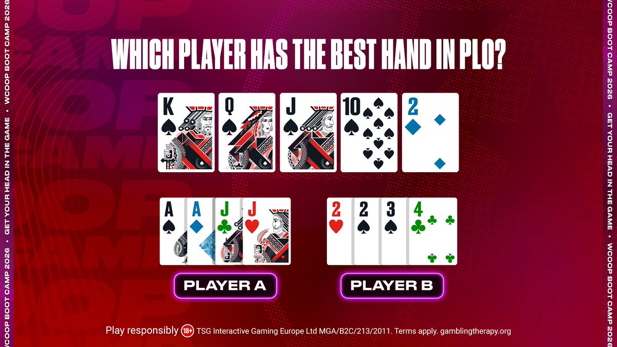 PokerStars's tweet photo. ♠️Win a free WCOOP Boot Camp ticket ♠️

Do you know your PLO? Answer our teaser for the chance to bag one of ten $11 tickets.

Reply with your answer + [Stars ID] + #WCOOPBootCamp by 18:00 CET, Sun

T&amp;Cs: https://t.co/KnCllHR1rm https://t.co/PA6m7A215k