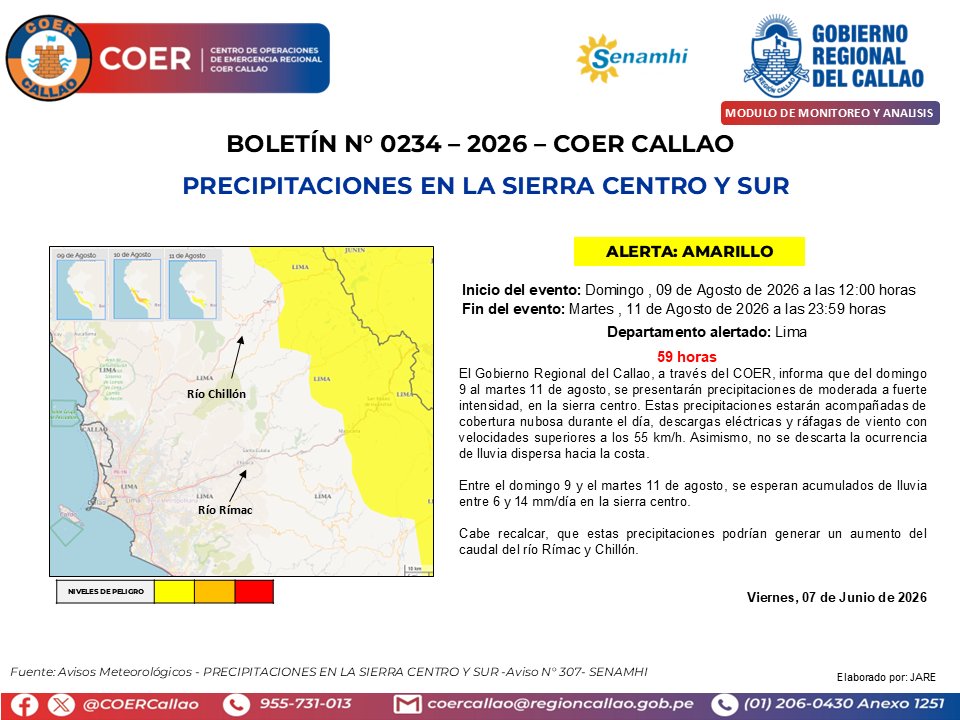 COERCallao's tweet photo. PRECIPITACIONES EN LA SIERRA CENTRO Y SUR - AVISO N° 307 - SENAMHI.
#Callao #Bellavista #CarmenDelaLeguaReynoso #laPerla #LaPunta #MiPeru #Ventanilla #GobiernoRegionalDelCallao #COERInforma https://t.co/MXwdjEAgzG