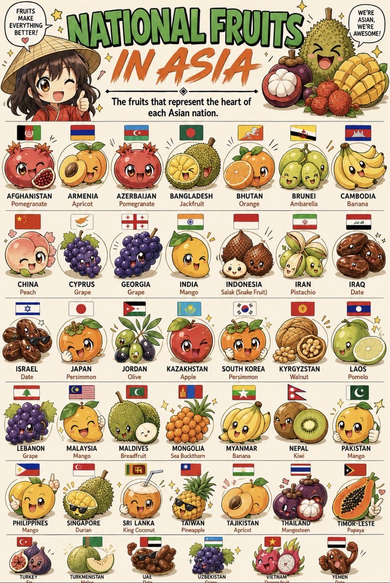 CataPaul2's tweet photo. 🍍 National fruits in Asia

🇦🇫 Afghanistan — Pomegranate
🇦🇲 Armenia — Apricot
🇦🇿 Azerbaijan — Pomegranate
🇧🇩 Bangladesh — Jackfruit
🇧🇹 Bhutan — Orange
🇧🇳 Brunei — Ambarella
🇰🇭 Cambodia — Banana
🇨🇳 China — Peach
🇨🇾 Cyprus — Grape
🇬🇪 Georgia — Grape
🇮🇳 India — Mango
🇮🇩 Indonesia — Salak (Snake Fruit)
🇮🇷 Iran — Pistachio
🇮🇶 Iraq — Date
🇮🇱 Israel — Date
🇯🇵 Japan — Persimmon
🇯🇴 Jordan — Olive
🇰🇿 Kazakhstan — Apple
🇰🇷 South Korea — Persimmon
🇰🇬 Kyrgyzstan — Walnut
🇱🇦 Laos — Pomelo
🇱🇧 Lebanon — Grape
🇲🇾 Malaysia — Mango
🇲🇻 Maldives — Breadfruit
🇲🇳 Mongolia — Sea Buckthorn
🇲🇲 Myanmar — Banana
🇳🇵 Nepal — Kiwi
🇵🇰 Pakistan — Mango
🇵🇭 Philippines — Mango
🇸🇬 Singapore — Durian
🇱🇰 Sri Lanka — King Coconut
🇹🇼 Taiwan — Pineapple
🇹🇯 Tajikistan — Apricot
🇹🇭 Thailand — Mangosteen
🇹🇱 Timor-Leste — Papaya
🇹🇷 Turkey — Fig
🇹🇲 Turkmenistan — Melon
🇦🇪 UAE — Date
🇺🇿 Uzbekistan — Grape
🇻🇳 Vietnam — Dragon Fruit
🇾🇪 Yemen — Date