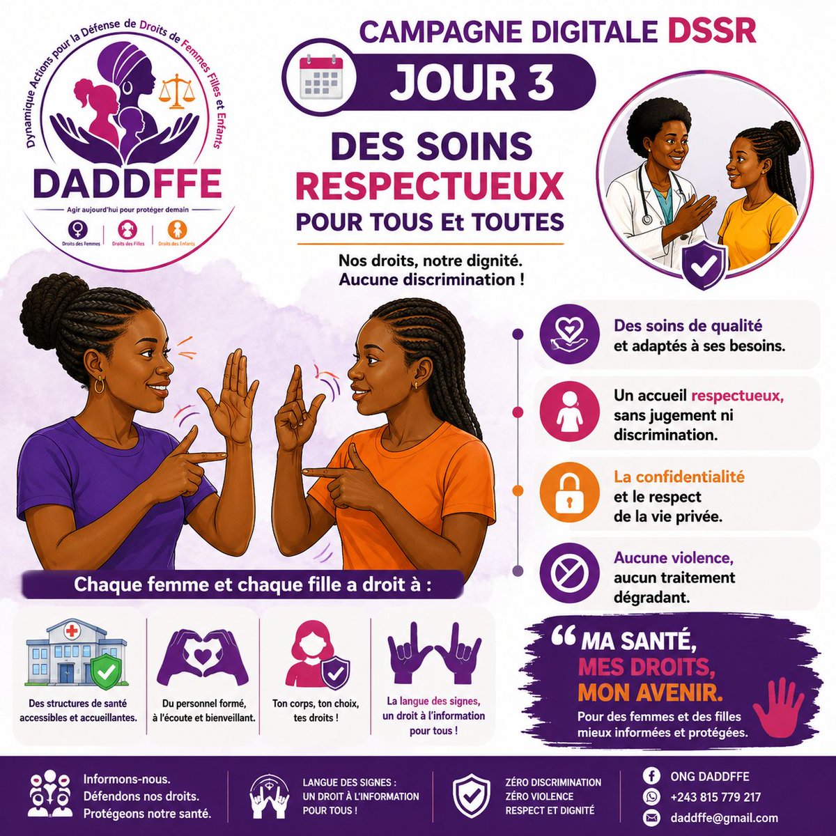 DADDFFEong's tweet photo. 📅 JOUR 3 | CAMPAGNE DIGITALE DSSR
Chaque femme et chaque fille a droit à des soins de santé sexuelle et reproductive de qualité, respectueux, confidentiels et sans discrimination.
Respectons la dignité. Défendons les droits. Garantissons des soins pour toutes. https://t.co/Iln4E7Z7Mp