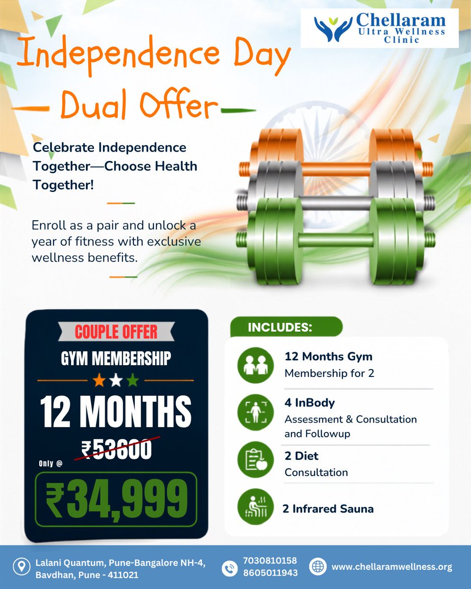 ChellaramW's tweet photo. Choose health together! 💪❤️
Our Independence Day Couple Offer includes 12-month gym membership for 2 at ₹34,999, plus InBody, Diet Consultation &amp; Infrared Sauna sessions.
Make fitness a shared journey!

#IndependenceDay #CoupleFitness #Wellness #FitnessOffer https://t.co/AG0sxjNseV