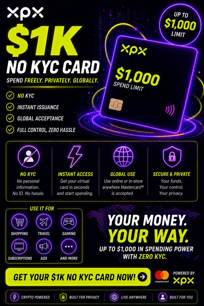 XPXtoken's tweet photo. NO KYC. NO VPN. 💳🔥

The $XPX Global Gold MasterCard® is OFFICIALLY live!

💳 Denominations: $20 to $1,000
📱 Google Wallet: Fully Compatible
🌐 Access: No VPN required
🔒 Privacy: Zero KYC

Spend your crypto seamlessly anywhere MasterCard® is accepted.

👇👇👇👇
https://t.co/BIVN11pQrI

#CryptoCard #Web3 #NoKYC #GoogleWallet #Fintech