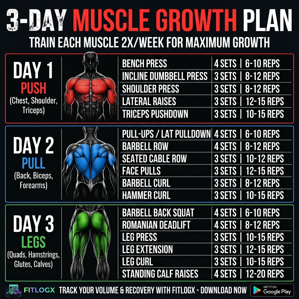 Fitlogx's tweet photo. You don't need 6 days in the gym to build serious muscle. ๐ฆพ๐ฅ
โThis 3-day PPL split covers every major muscle group with optimal compound movement.
โLog your sets and track progressive overload for FREE with FitLogX! ๐ฒ
โ#MuscleBuilding #WorkoutRoutine #PPLSplit https://t.co/cZk0CNjTL9