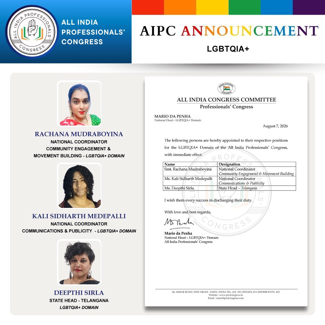 ProfCong's tweet photo. #AIPCAnnouncement

The All India Professionals’ Congress is pleased to announce the following appointments in the LGBTQIA+ Domain:

Smt. Rachana Mudraboyina – National Coordinator, Community Engagement & Movement Building
Ms. Kali Sidharth Medepalli – National Coordinator, Communications & Publicity
Ms. Deepthi Sirla – State Head, Telangana

We wish them every success as they strengthen AIPC’s engagement, advocacy, and movement-building efforts across the LGBTQIA+ community.

@mleccha