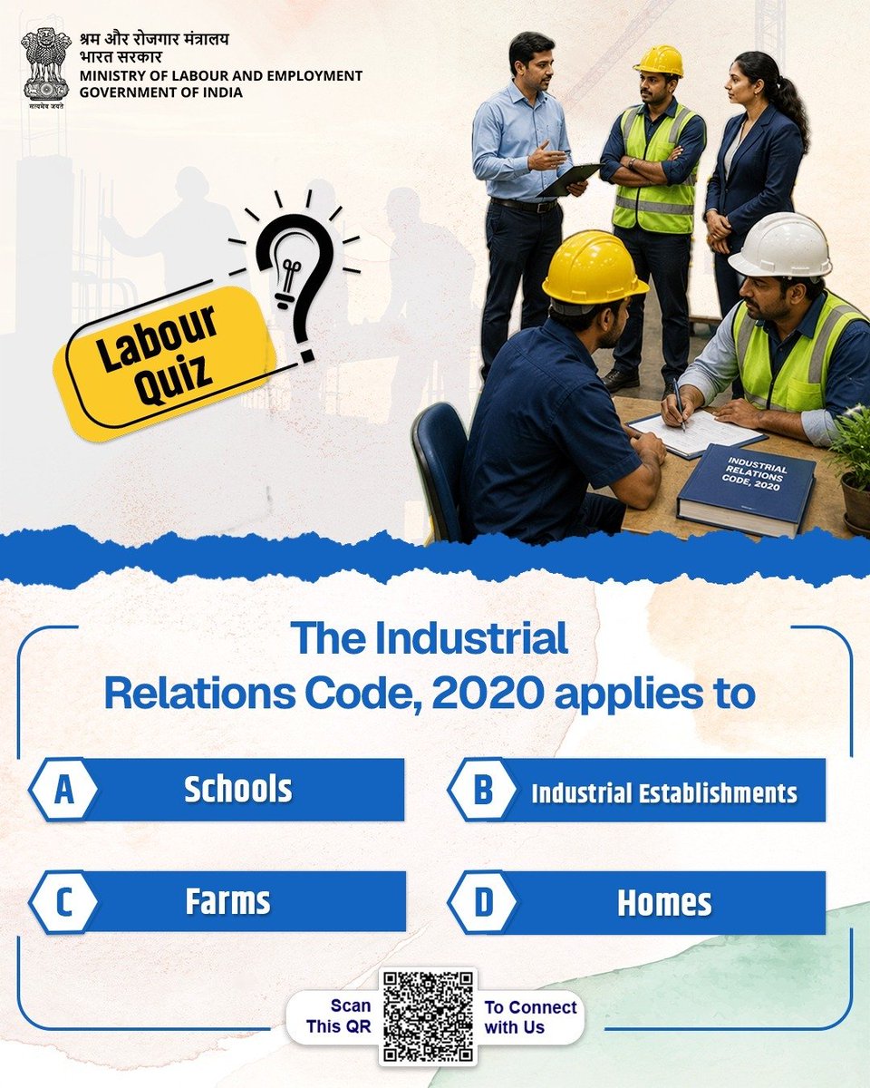 LabourMinistry's tweet photo. Quiz Time!
Test your knowledge of the Labour Codes with the #LabourQuiz.
Choose the correct answer and share it in the comments below.
#LabourCodes #LabourReforms
#WorkersWelfare https://t.co/ayr48qP3Dv