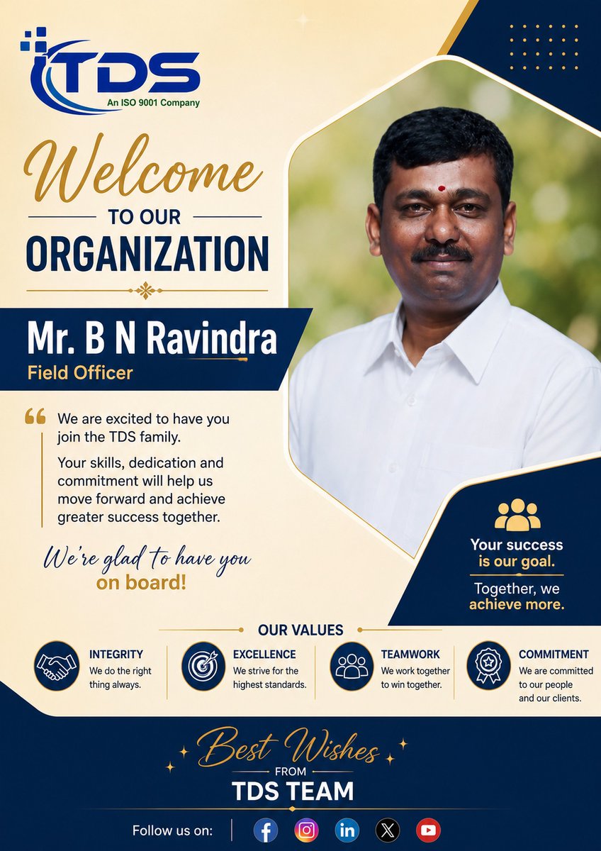 Tds_Fm's tweet photo. ๐ Welcome to the TDS Family, Mr. B N Ravindra!
We are pleased to welcome our new Field Officer to TDS. ๐ค
Your dedication, skills & commitment will help us move forward and achieve greater success together.
๐ Welcome aboard!
#TDSSecurityAndFacility #TeamTDS #WelcomeToTDS https://t.co/ijrivejRn7