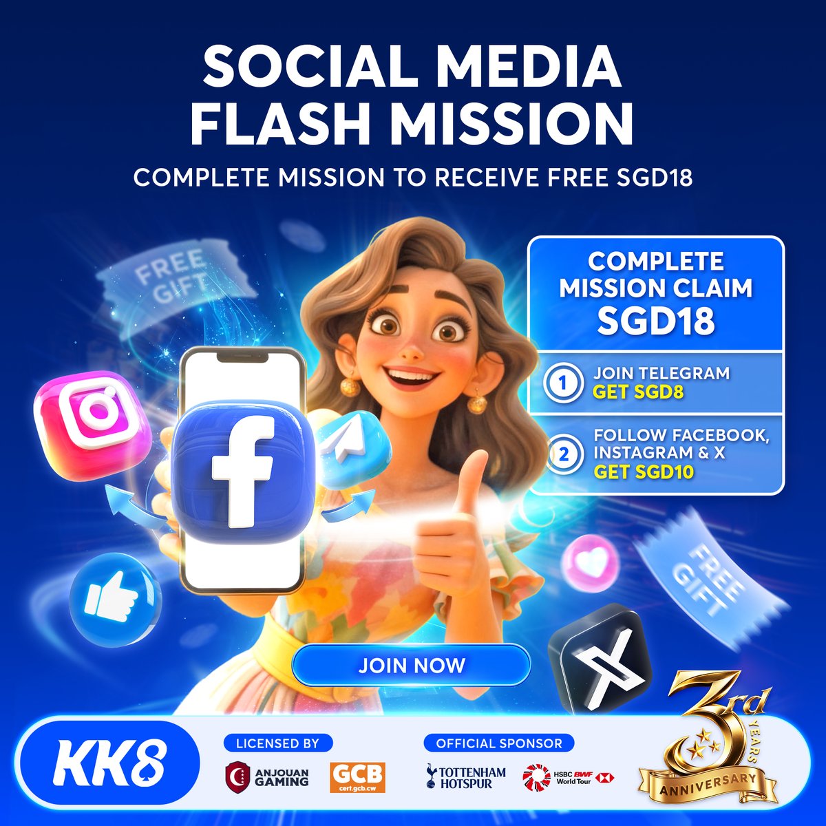 _KK8SG's tweet photo. 🎉 Complete our Social Media Flash Mission in just a few simple steps. 
✅ Join our Telegram — Get SGD8
✅ Follow our Facebook, Facebook Fan Page, Instagram &amp; X (Twitter) — Get SGD10 More

 #SocialMediaFlashMission #3rdAnniversary #AnniversaryRewards #CelebratewithKK8 https://t.co/wiUrwIZkCx