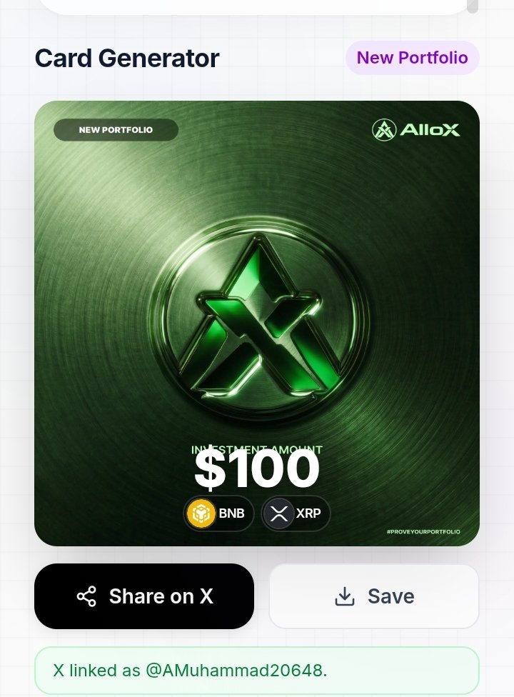 AMuhammad20648's tweet photo. New Allox Portfolio — $100 Investment
Building a diversified crypto portfolio with BNB &amp; XRP. 💚
Focused on strategic allocation, long-term growth, and exploring new opportunities in the crypto market.
💰 Investment: $100
🟡 BNB | ⚫ XRP
📈 Building. Investing. Growing.
#Allox # https://t.co/anxWmW44ES