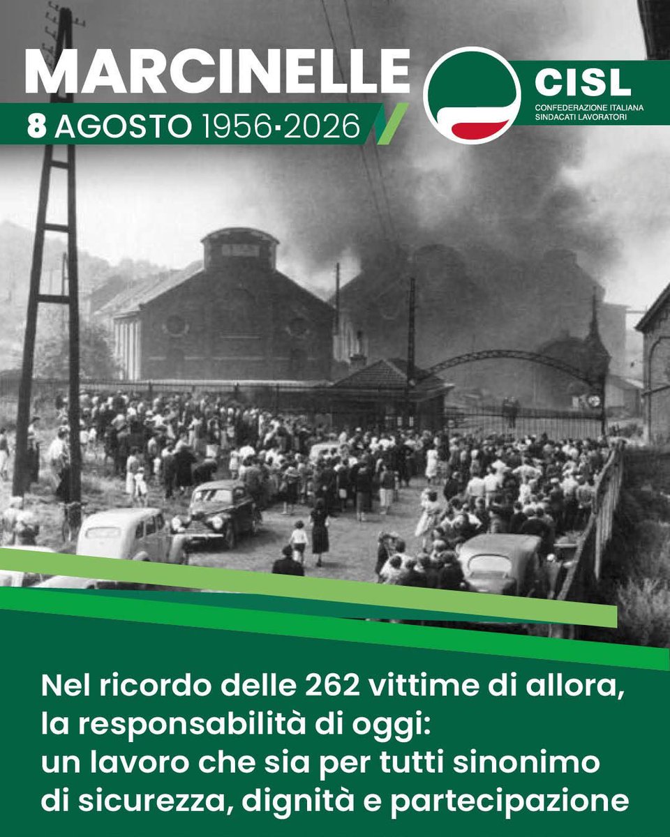 CislNazionale's tweet photo. #DanielaFumarola: «A 70 anni dalla tragedia di Marcinelle teniamo insieme il ricordo e la responsabilità: il tributo che dobbiamo alle 262 vittime, tra cui 136 minatori italiani; l’impegno a costruire ogni giorno un Paese e un’Europa in cui il lavoro sia davvero e per tutti sinonimo di dignità, sicurezza, inclusione, partecipazione e libertà».

#Marcinelle #Cisl #Lavoro #8agosto #SicurezzaSulLavoro #Europa