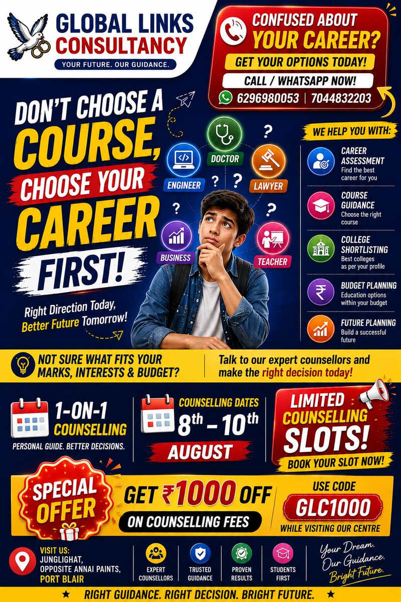 Globallinks2011's tweet photo. 🎓 Confused about what to study next?
Get personalised career + course + college guidance from Global Links.
🎁 ₹1,000 OFF with GLC1000 when you visit our centre
📞 6296980053 | 7044832203
📍 Junglighat, Port Blair
#CareerGuidance #CollegeAdmission #CareerCounselling  #PortBlair https://t.co/zmW6Hu0REl