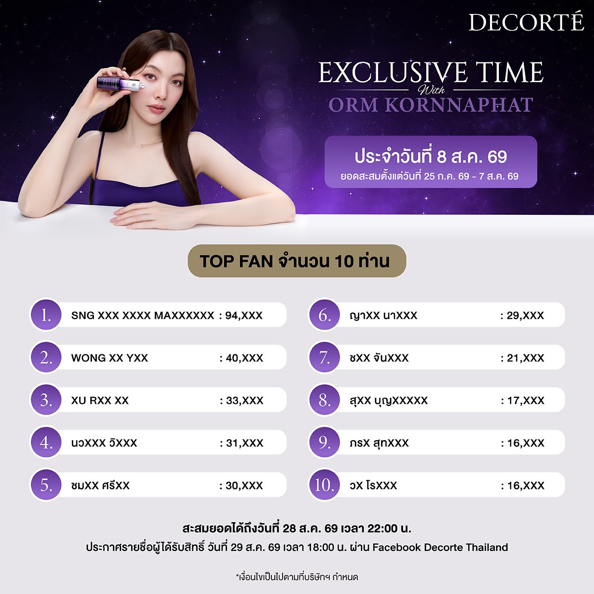 Decorteth's tweet photo. The Exclusive Time with Decorte x Orm ✨️
📢 Top Fan Update 
อัปเดทยอดสะสม 10 Top Fan ตั้งแต่วันที่ 25 ก.ค. 69 - 7 ส.ค. 69 (ครั้งที่ 1)

📍โดยยอดที่อัปเดทนี้สรุปจากคำสั่งซื้อที่ชำระเงินสำเร็จและทำการลงทะเบียนผ่าน Google Form เรียบร้อยแล้ว https://t.co/9oN2mzTuZe