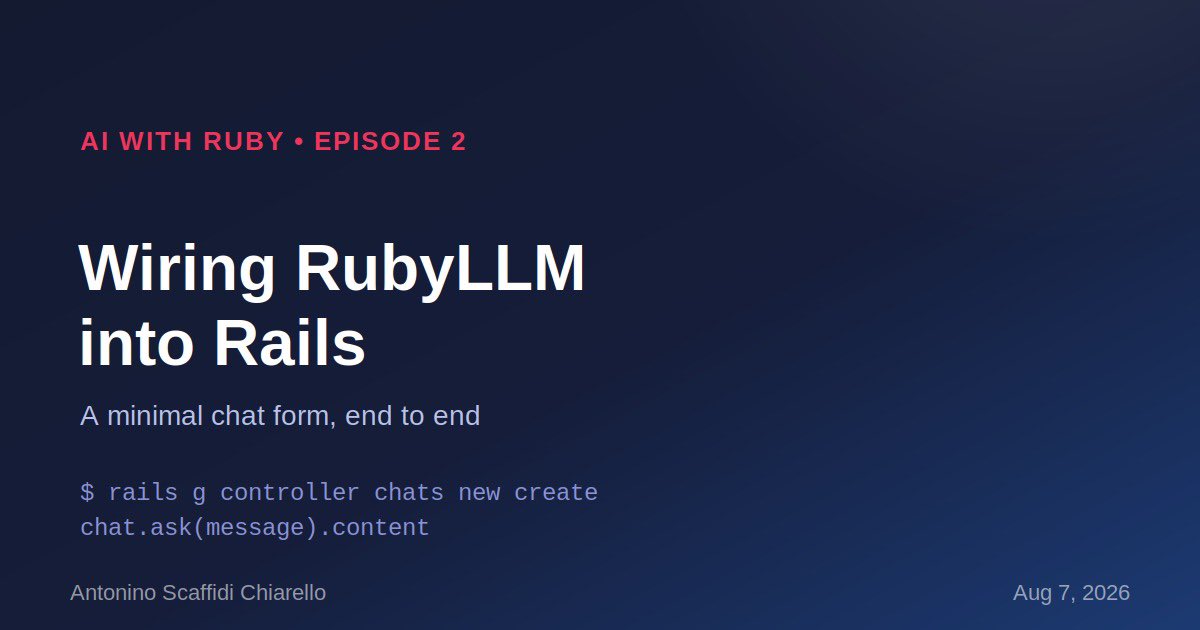 ScaffidiNino's tweet photo. Episode 2 of AI with Ruby: wiring RubyLLM into a real Rails app 💎🤖

Includes a Turbo Drive gotcha that silently broke my form — and how I fixed it.

EN: https://t.co/F9610Plfqr 

IT: https://t.co/pjufBvnpCx

 Code: https://t.co/SznMY5ipze https://t.co/ua8iqeKp9p