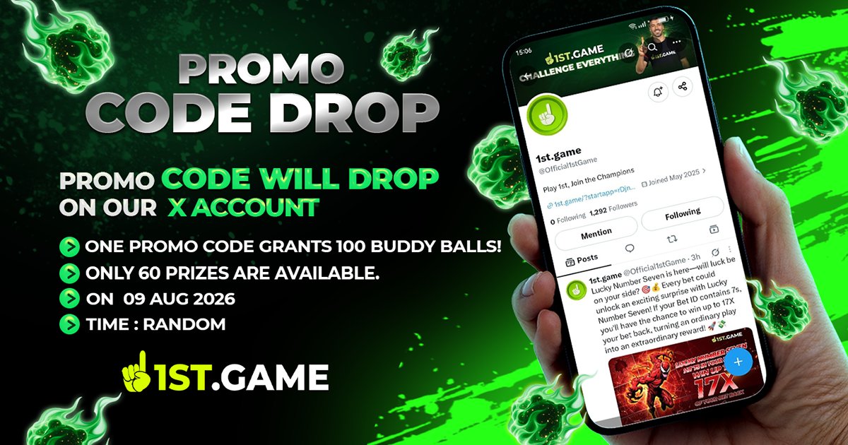 Official1stGame's tweet photo. PROMO CODE DROP IS COMING! 🚨🟢Keep your eyes on our X Account (@Official1stGame) because a surprise Promo Code Drop is happening! 👀🌐 You never know when the code will drop! Be quick, grab yours before all 60 promo codes are gone!! 💰 https://t.co/n7KryHkqC9