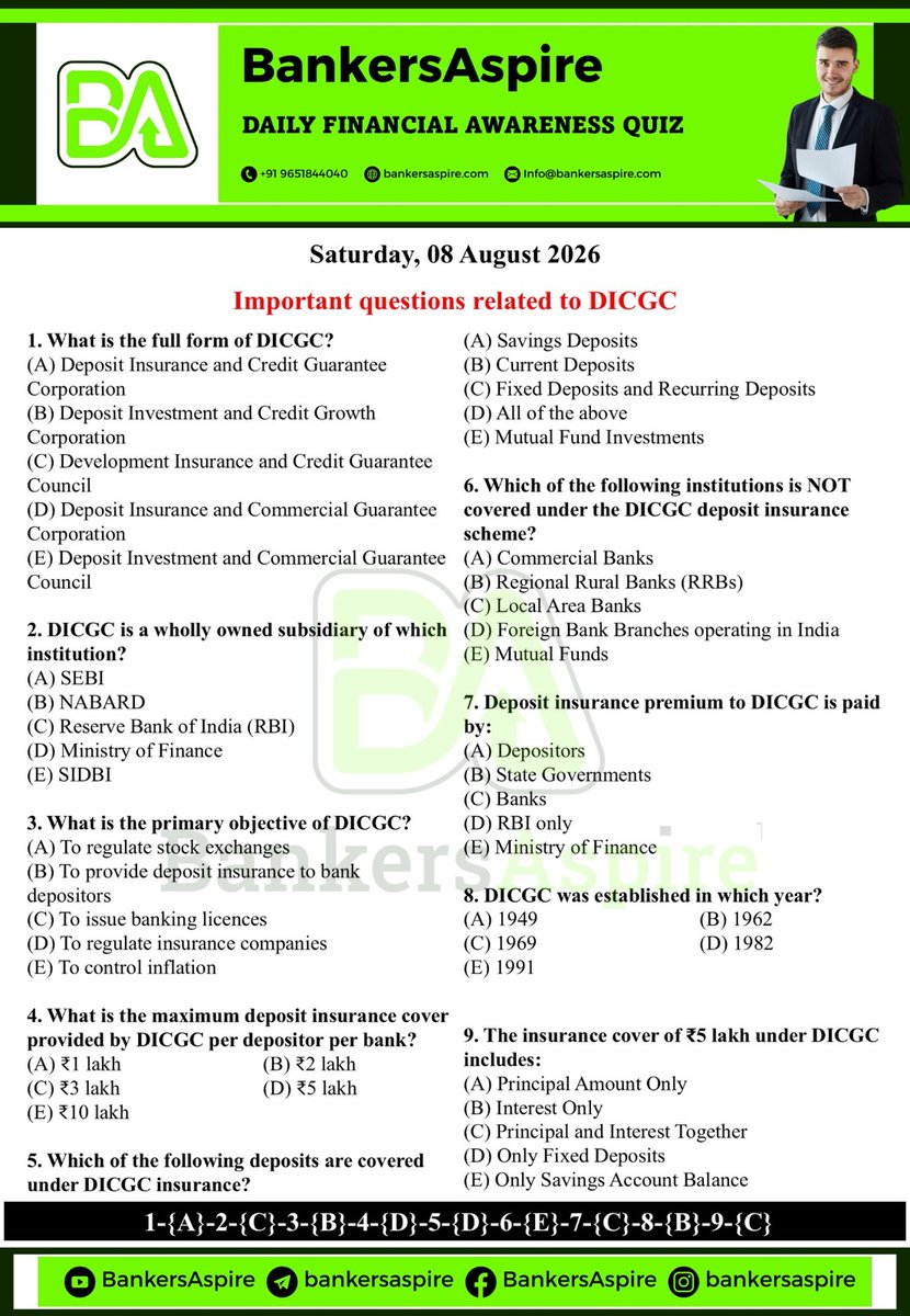 bankersaspire's tweet photo. Daily Financial Awareness Quiz | 08 August 2026
Today's Topic: DICGC 🏦
#NSFR #FinancialAwareness #BankingQuiz #DailyQuiz #BankersAspire #SBI #IBPS #RBI #BankingExams #CurrentAffairs https://t.co/Y0c3jsjrXe