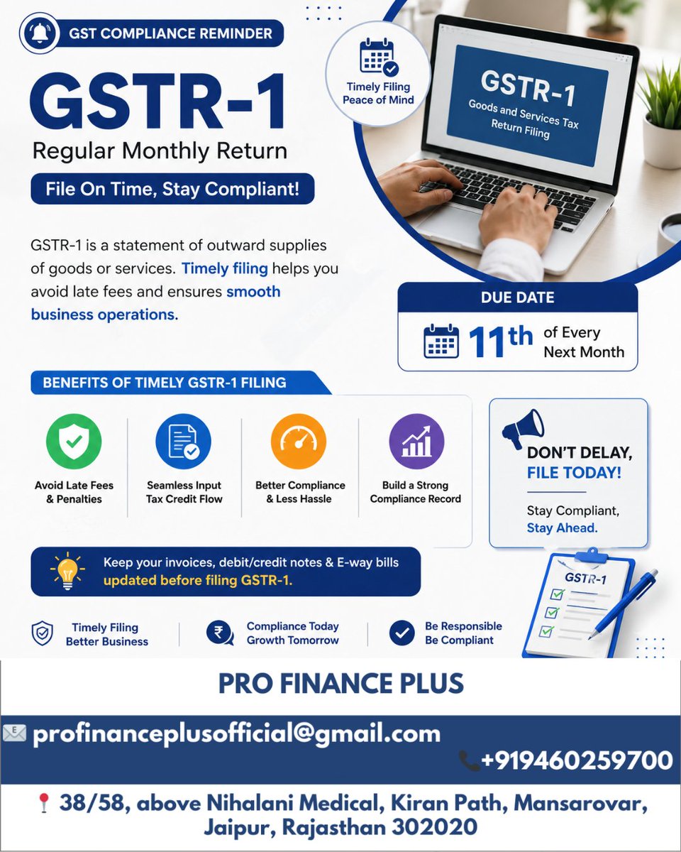 profinanceplus's tweet photo. Stay GST Compliant, Stay Ahead! πβ
File your GSTR-1 on time and keep your business records updated. Donβt wait until the last momentβfile today and stay stress-free!
#GSTR1 #GST #GSTFiling #GSTReturn #GSTCompliance #GSTUpdate #GSTIndia #TaxCompliance #BusinessCompliance https://t.co/NlNpv9B9k7