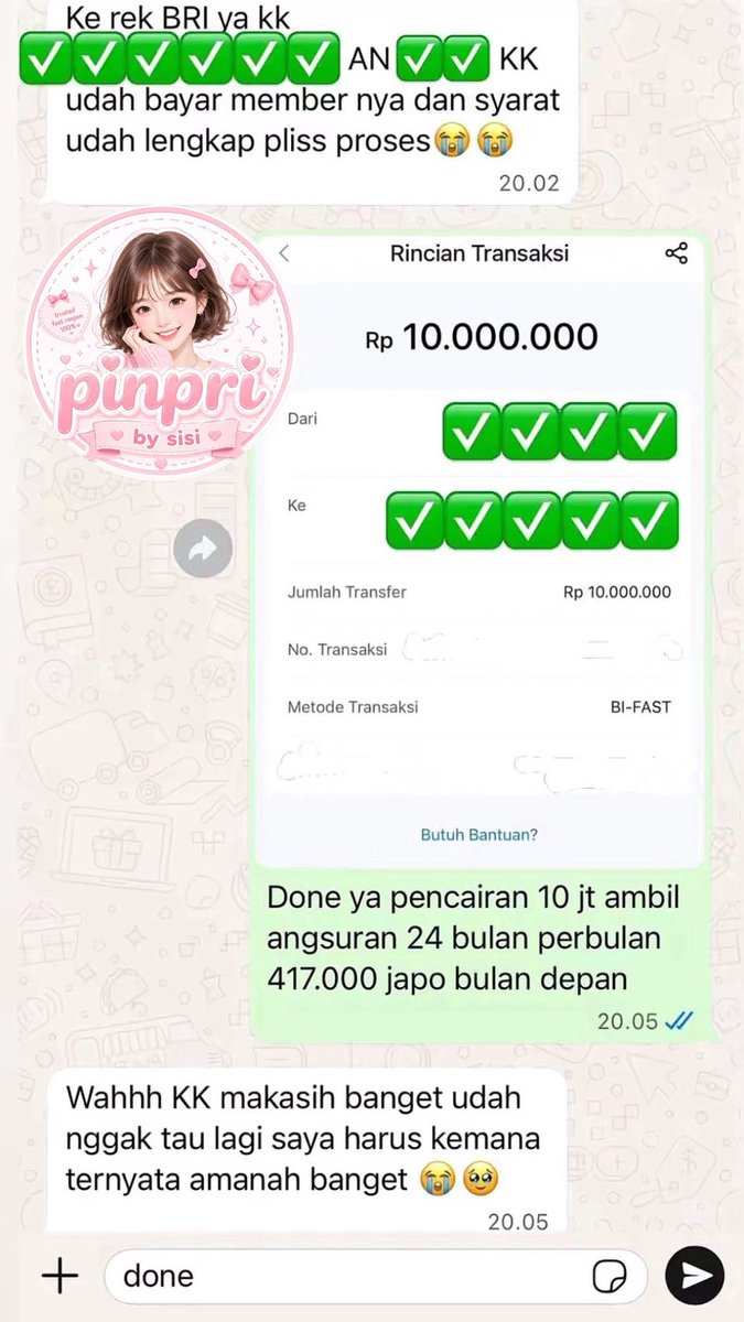 sheshesisi2's tweet photo. happy banget tiap lihat testimoni cust yang bilang kebantu banget sama proses cepat di aku 💗✨
buat yang lagi urgent, pinpri 1jt–30jt masih open ya 👀💸
langsung tele: https://t.co/AL4LaggHM1 

#pinpri #zonauang https://t.co/kMPijIMbRz