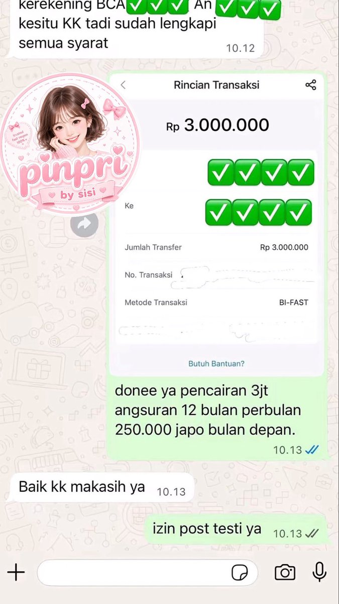 sheshesisi2's tweet photo. happy banget tiap lihat testimoni cust yang bilang kebantu banget sama proses cepat di aku 💗✨
buat yang lagi urgent, pinpri 1jt–30jt masih open ya 👀💸
langsung tele: https://t.co/AL4LaggHM1 

#pinpri #zonauang https://t.co/kMPijIMbRz