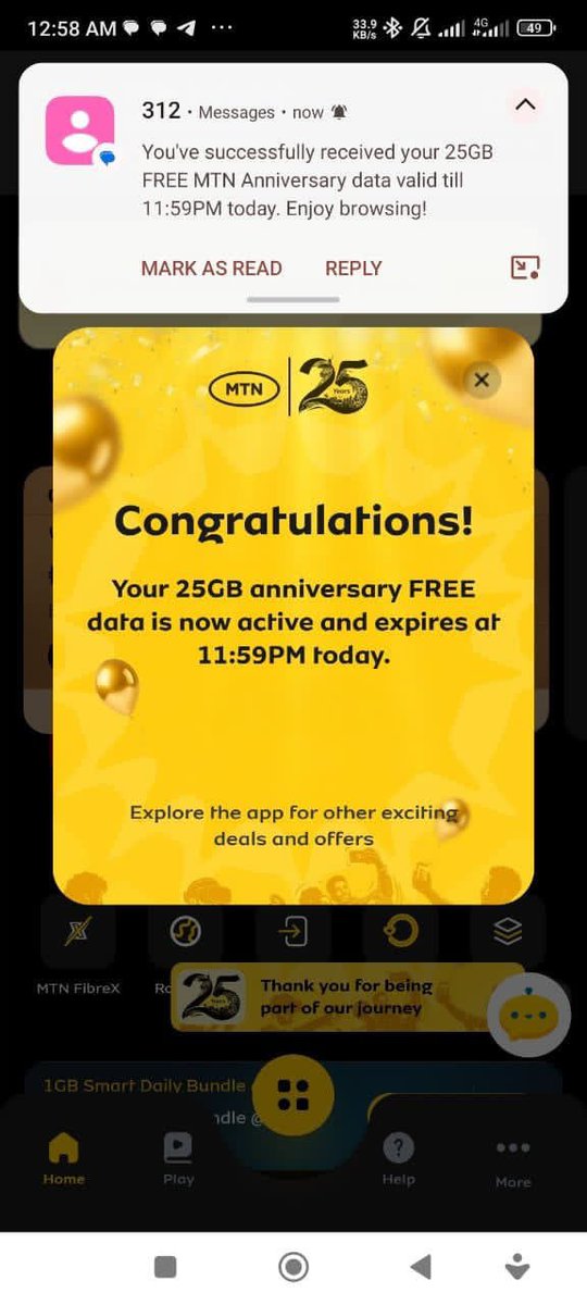 Vinahberry's tweet photo. Go to your #myMTN app and claim free 25gb data
Update your app if you don't see banner immediately..
Good luck https://t.co/CVfexcG5UO