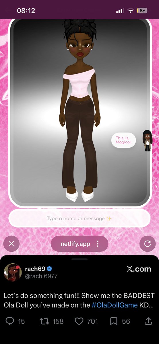 kedimat88's tweet photo. @rach_6977 My look is magical 🥹
#OlaDollGame https://t.co/iO9urFgE7b
