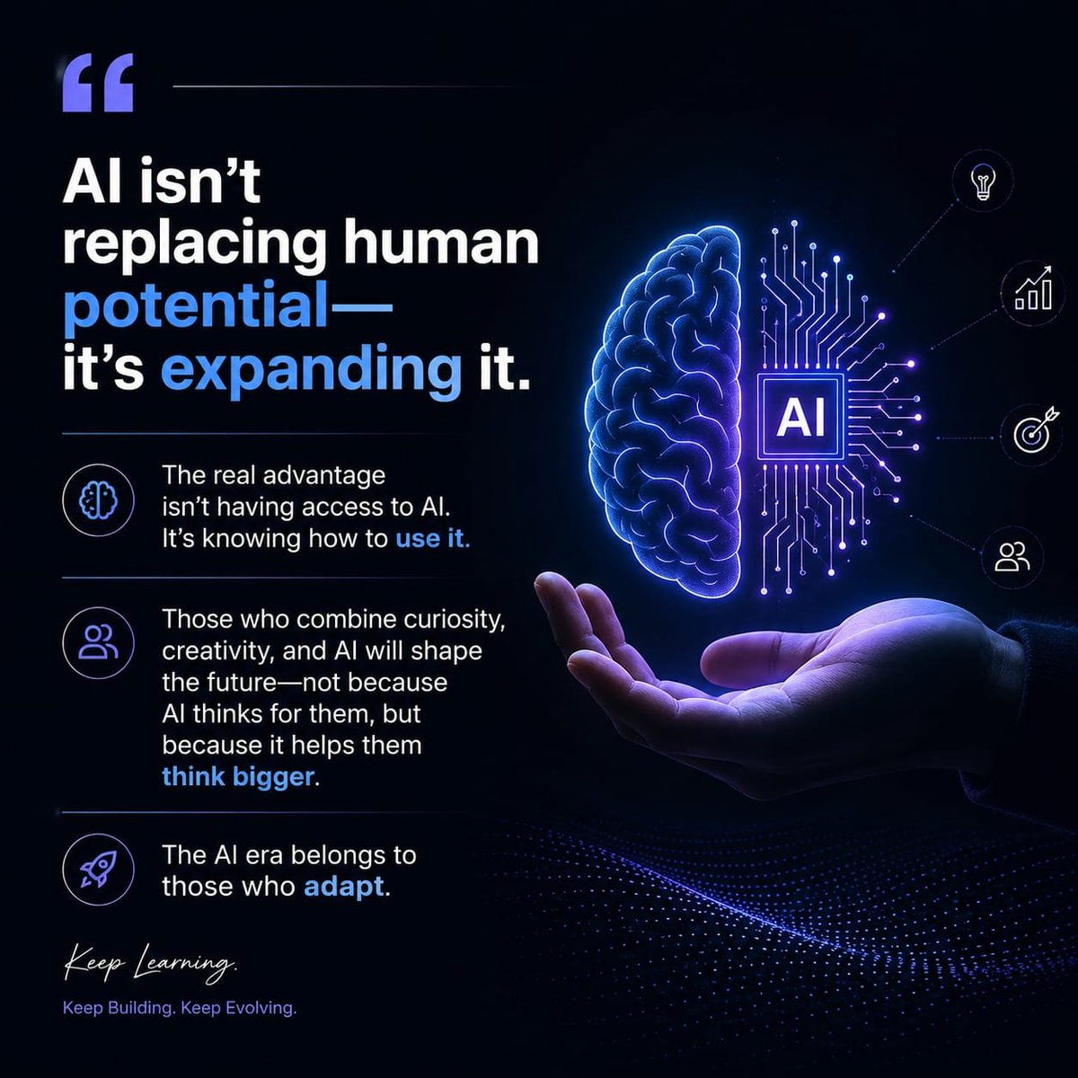 qwh75's tweet photo. AI isn't replacing human potential it's expanding it.
The real advantage isn't having access to AI. It's knowing how to use it.
Those who combine curiosity, creativity, and AI will shape the future not because AI thinks for them, but because it helps them think bigger. https://t.co/WTSr7DOhPn