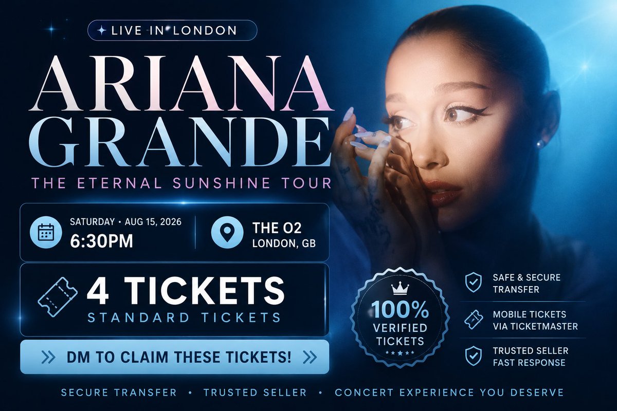 bubaj173's tweet photo. Hey y’all, I’m selling back  my Ariana Grande tickets at the 02 -  London, GB on monday August 15th.

 I would love for another fan to enjoy the show! The tickets are legit, send a Dm if interested. I will provide proof before purchase.

#fyp #fypシ゚viral #viralㅤㅤ https://t.co/c79qEr0Ie6