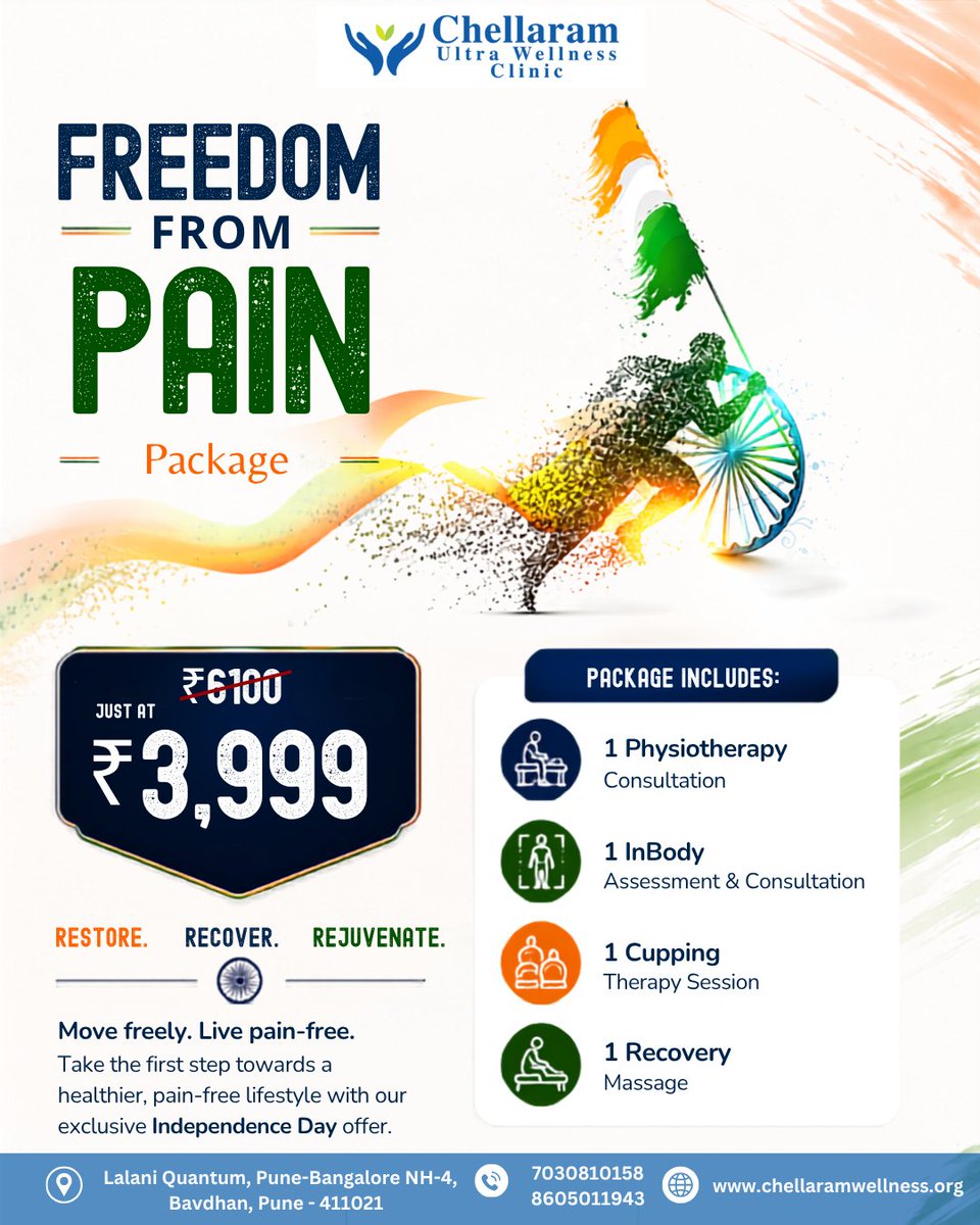 ChellaramW's tweet photo. Freedom from pain starts with taking the first step.

Our Independence Day Freedom From Pain Package at ₹3,999 includes Physiotherapy Consultation, InBody Assessment, Cupping Therapy &amp; Recovery Massage.

Restore. Recover. Rejuvenate. 💙 https://t.co/xWX9JarnWV