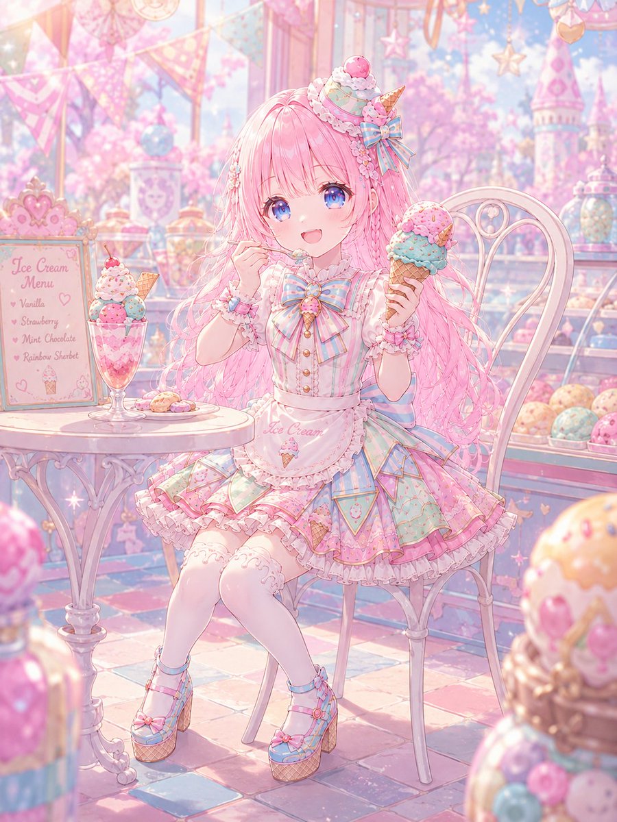 ai_miho_art's tweet photo. #MegumixCollection
#AICostumeCreator
#ChatGPTart
アイスクリームショップの衣装可愛すぎる~💕💕
ミルフィアに着てもらいましたが、デザインや色使い、アイスクリームの装飾など全てがアイドル衣装のようにすごく可愛いです✨✨
そして素敵な衣装に身を包んで、デザートを満喫するミルフィア💖 https://t.co/Sk4KEtjSzD