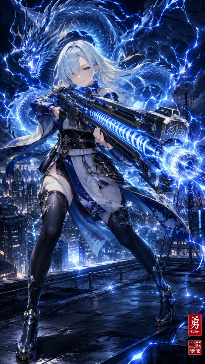 Yu_SuKe_SamurAI's tweet photo. アロマさん×ARiさんの素敵な企画
#武器すぎて滅2 へ参加させていただきます！⚡🔫

『蒼雷龍砲姫 —天楼電磁砲—』

夜の摩天楼を駆ける蒼雷——
雷龍を背に、超大型レールガンで迎え撃つ🐉⚡

拳には拳の浪漫。
銃には銃の浪漫があります😆🔥

#AIイラスト https://t.co/omtDTQBGdd