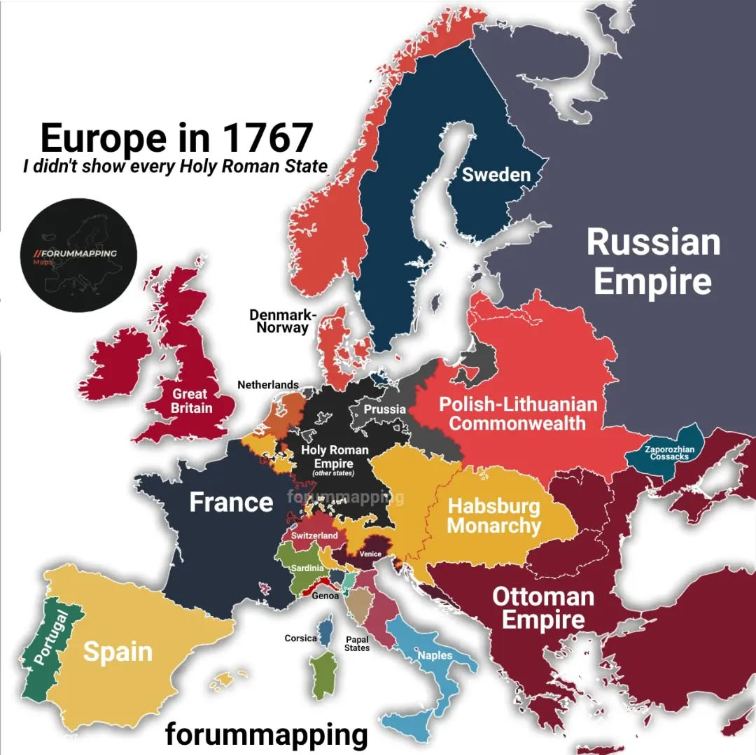 forummapping's tweet photo. No Poland-Lithuania partition yet, no unified Germany or Italy — this is Europe just before the Enlightenment monarchies started falling apart. https://t.co/suk4qIWsKu