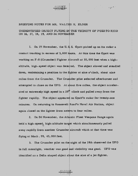 RCM10K's tweet photo. CIA-#UAP-D023, Briefing Notes for Mr. Walter Elder https://t.co/fL6y6wiJyd

Aerospace Engineering Constraints of the Era
An aircraft sustaining Mach 5.7 for 21 minutes in the mid-1960s would face engineering hurdles that human science had not yet solved:

The Thermal Barrier: At Mach 5.7, atmospheric friction generates temperatures well exceeding 1,000^ to 1,500^ In 1964, titanium alloys used on the A-12 were at their absolute thermal limit at Mach 3.2. Sustaining Mach 5.7 required  advanced carbon composites or active cryogenic cooling systems that did not exist.

Propulsion Limitations: Conventional turbojets choke at speeds above Mach 3. Though ramjets existed, a scramjet (supersonic combustion ramjet) capable      of operating at Mach 5.7 was purely theoretical and still undergoing basic laboratory testing.

Structural Loads (G-Forces): The report implies the object changed direction and interacted with the F-8 Crusader. Making any sharp turn at 3,800 knots      exerts immense centrifugal acceleration. The structural G-forces would instantaneously destroy any 1964 metal airframe, and the resulting G-forces would be fatal to a human pilot.

Conclusion
If the tracking data is flawless and not the result of electronic warfare testing or radar anomalies, the object exhibited propulsion, material strength, and thermal management decades ahead of human capability. It behaved like an uncrewed, highly advanced vehicle operating under principles distinct from mid-20th-century aerospace engineering.