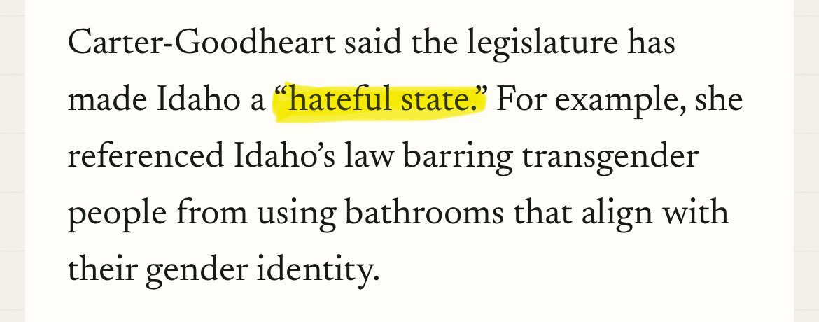 BennettIdaho's tweet photo. Is Idaho a Hateful State?

The people of Idaho are some of the most kind, generous, hard working people I’ve ever met. Yet my opponent calls Idaho a “HATEFUL STATE”?

In an interview with the Lewiston Tribune Trish Carter-Goodheart said that laws to protect women’s spaces and privacy is an example of this so called hate.

A statement like that breaks my heart. I love this state, I love my community, and I love the people of Idaho. They aren’t hateful. 

We aren’t Portland or Seattle. We are Idaho.  Help me keep Idaho, Idaho: https://t.co/EsUXJ1YthA