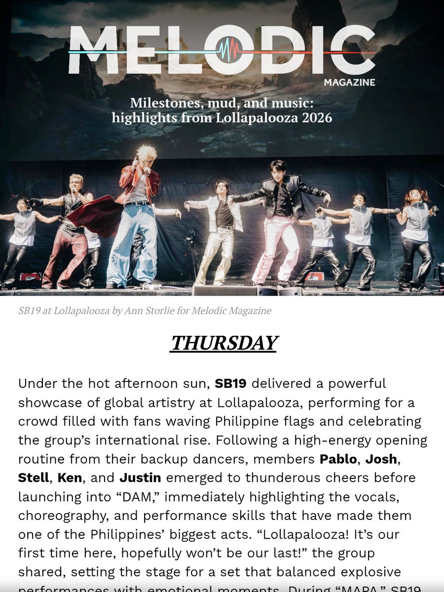 rrobotot's tweet photo. [Melodic Magazine 🇺🇸 - SB19 mention]

🐐 https://t.co/OzXvrWi1uL

“Under the hot afternoon sun, #SB19 delivered a powerful showcase of global artistry at Lollapalooza, performing for a crowd filled with fans waving Philippine flags and celebrating the group’s international rise.” https://t.co/w2Q1cmpWuf