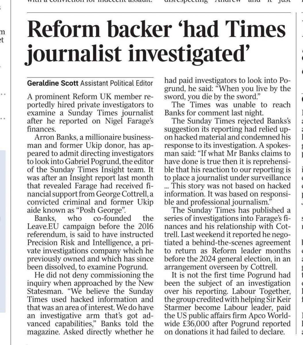 LizWebsterSBF's tweet photo. 🚩🚩🚩 This is getting very disturbing.

The Sunday Times has been investigating the money surrounding Farage, Cottrell and Reform.

Farage & Tice are now suing the NCA over alleged leaks.

And Arron Banks appears to admit commissioning private investigators to investigate the Sunday Times journalist leading the investigation, responding: “When you live by the sword, you die by the sword.”

Don’t lose sight of what’s happening here.

Journalists scrutinise politicians. Politicians and their wealthy backers should answer the questions not turn the scrutiny onto the journalists asking them.

That’s what a free press is for.