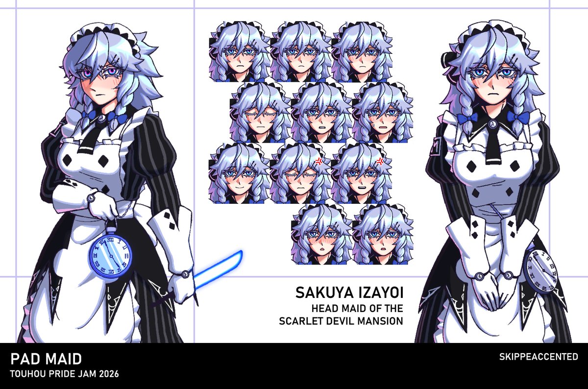 skippeaccented's tweet photo. Wanted to make some cool visuals featuring the portraits I made for each character, so first up:

Sakuya Izayoi, Head Maid of the SDM #東方Project https://t.co/mP4jjuVjHZ