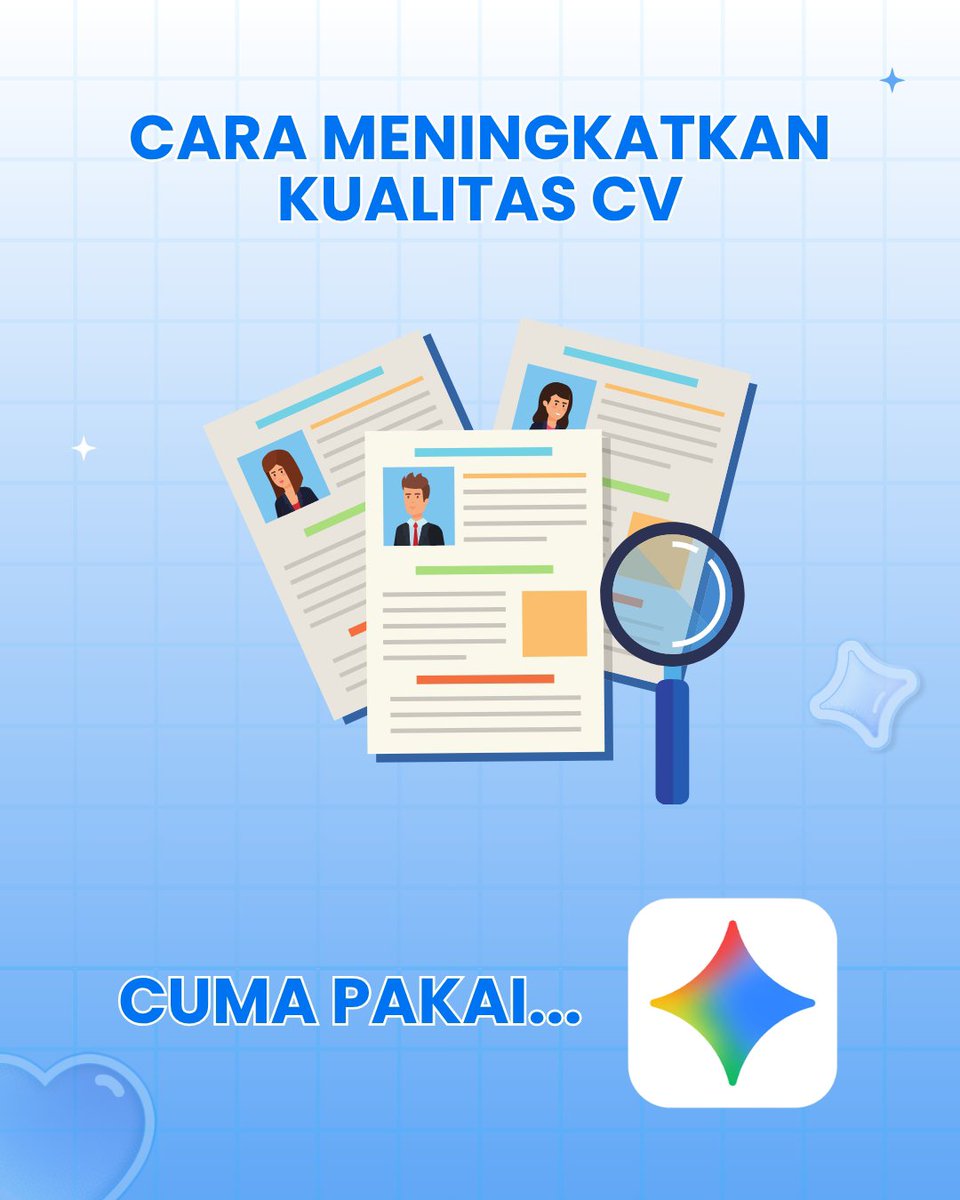 Vallms05's tweet photo. Mau apply kerja tapi masih ragu sama CV sendiri?
Coba minta Gemini jadi CV reviewer. Tinggal kasih CV + posisi yang kamu incar, lalu biarkan dia bantu cari bagian yang perlu diperbaiki.

@googleindonesia 
#TeamGoogle #GoogleStudentAmbassador #GSA2026 #Gemini #GoogleAI https://t.co/XSuhD8Mi2Z