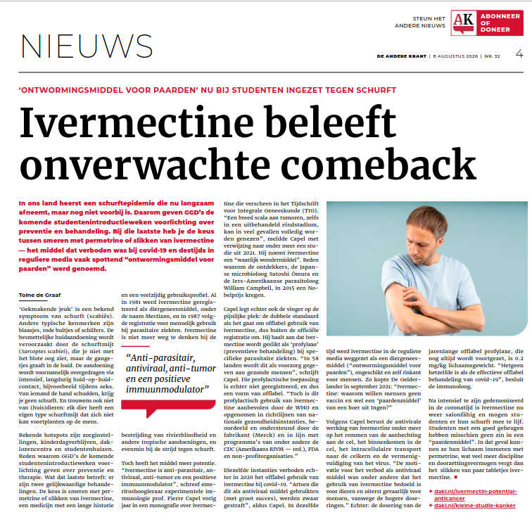 reint_veen's tweet photo. In de nieuwste De Andere Krant een uiterst belangwekkend artikel over ivermectine.
Voor mij zit het interessante met name in de vermelding van de dosering van de jarenlange off-label profylaxe,  die nog altijd wordt voortgezet, van 0,2 mg per kg lichaamsgewicht:

(Advies: om onderstaand artikel beter te kunnen lezen:
1.  rechtsklik op onderstaand artikel, klik op “Afbeelding openen in nieuw tabblad”
2. de afbeelding in het nieuwe tabblad kun je vergroten met CTRL + of verkleinen met CTRL -; scrollen met de pijltjestoetsen)