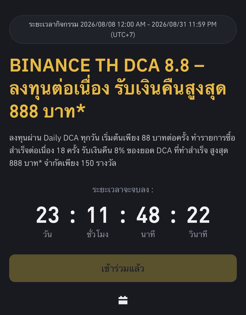 PriewPeter's tweet photo. 🟨 BINANCE TH เปิดแคมเปญ DCA 18 วัน รับคืน 8% สูงสุด 888 บาท ถ้าอยากได้เต็ม ต้องออมวันละกี่บาท ? โพสต์นี้มีคำตอบ 🔥
.
วันนี้ @Binance_TH_ เปิดแคมเปญ BINANCE TH DCA 8.8 ครับ เงื่อนไขหลักง่าย ๆ 👇
.
✅ ตั้ง DailyDCA ขั้นต่ำ 88 บาท/ครั้ง
✅ ซื้อสำเร็จ 18 ครั้งติดต่อกัน
✅ รับคืน 8% ของยอด DCA ที่สำเร็จ
🎁 สูงสุด 888 บาท
⚠️ จำกัดเพียง 150 รางวัล
.
แล้วถ้าอยากได้ Reward เต็ม 888 บาท ต้อง DCA วันละเท่าไหร่ ? ลองคำนวณกันครับ 👇
.
เอา 888 ÷ 8% = 11,100 บาท แปลว่าเราต้องมียอด DCA รวมอย่างน้อย 11,100 บาท แล้วหารด้วย 18 วัน
.
✅ 11,100 ÷ 18 = 616.67 บาท/วัน
.
ดังนั้น ถ้าอยากแตะ Reward สูงสุด 888 บาท ตั้ง Daily DCA ประมาณ 616.67 บาท/วัน × 18 วัน ครับ หรือจะปัดเป็น 620 บาทก็ได้ 🔥
.
ส่วนผมขอเอาเลขกลม ๆ จำง่าย 😂
👉 600 บาท × 18 วัน = 10,800 บาท
👉 รับคืน 8% = 864 บาท
.
ต่างจาก Reward สูงสุดแค่ 24 บาท ผมเลยเลือกตั้ง Daily DCA วันละ 600 บาท ไปเรียบร้อยครับ 😆✌️
.
📌 แต่มีจุดสำคัญมาก ต้องทำตามลำดับ
.
1️⃣ กด “เข้าร่วมเลยตอนนี้” ก่อนสร้างแผน DCA
👉 https://t.co/3zuyi4x53A
.
2️⃣ หลังจากกดเข้าร่วมแล้ว ค่อยสร้างแผน Daily DCA
.
3️⃣ ระบบจะติดตาม แผน Daily DCA แผนแรกที่สร้างสำเร็จหลังเข้าร่วมกิจกรรม
.
4️⃣ ต้องซื้อสำเร็จ 18 ครั้งติดต่อกัน ถ้ามีรอบไหนซื้อไม่สำเร็จก่อนครบ 18 ครั้ง จะต้องเริ่มนับรายการติดต่อกันใหม่ครับ ⚠️
.
📅 ระยะเวลากิจกรรม
8 – 31 สิงหาคม 2569
.
🎁 รางวัลเป็น Voucher สำหรับรับโทเคน BNB คำนวณจาก 8% ของยอด DCA ที่สำเร็จ สูงสุด 888 บาท สำหรับ 150 รายแรกที่ทำครบเงื่อนไข
.
▶️ ถ้าคนทำครบเกิน 150 ราย ระบบจะพิจารณาจาก วันและเวลาที่สร้างแผน DCA ที่เข้าร่วมกิจกรรมสำเร็จก่อน เป็นหลัก เพราะฉะนั้นใครสนใจก็อย่าลืมอ่านเงื่อนไขให้ครบก่อนเริ่มครับ 👀
.
▶️ สำหรับผม DCA เป็นวิธีที่ช่วยสร้าง วินัยในการสะสม (Investment Discipline) ได้ดีอยู่แล้ว รอบนี้มี Token Reward เพิ่มเข้ามา ก็ถือเป็น Bonus ระหว่างทางครับ 💛
.
#BinanceTH #DCA #BNB #TokenReward #peterpriew #CryptoSociety #เรียนรู้แบ่งปันเติบโต