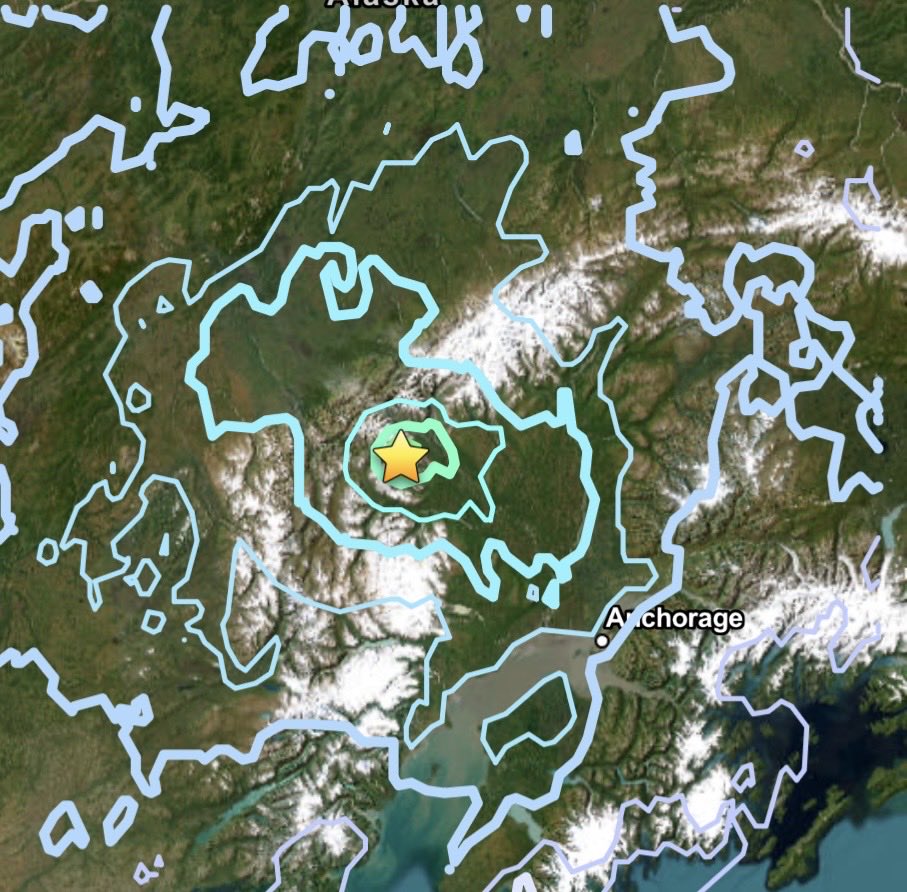 SeismoTracker's tweet photo. #Earthquake Breaking News 

A magnitude 5.6 earthquake has struck 57 Km / 35.4 Mi WNW of Skwentna, #Alaska 

Magnitude: 5.6 
Epicenter Location: 62.269°N 152.314°W
Time: 2026-08-08 04:50:34 UTC
Depth: 10.0 Km ( 6.2 Mi) 
Intensity: VI 

Aftershocks 
Magnitude 7+: <1% 
Magnitude 6+: 2% 
Magnitude 5+: 13% 
Magnitude 4+: 41% 
Magnitude 3+: 78%