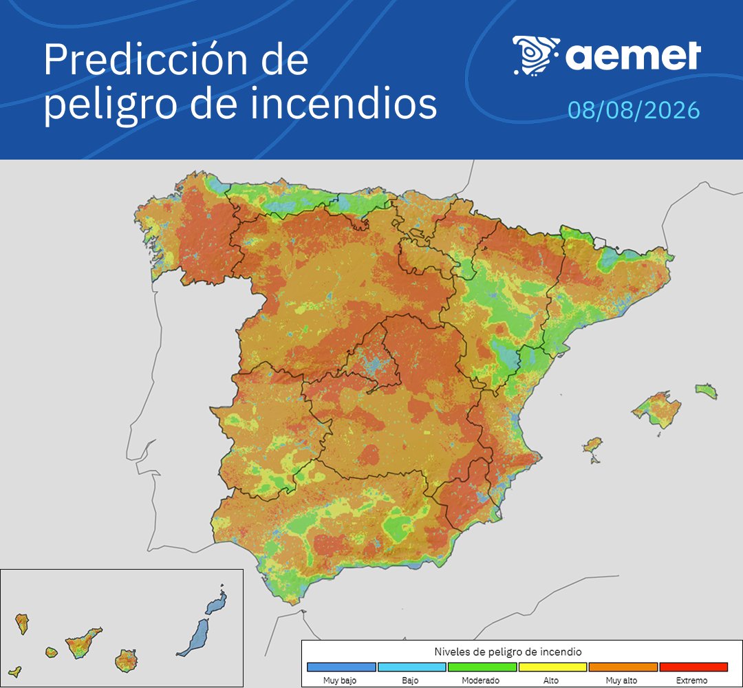 AEMET_Esp's tweet photo. 🔥 🧵 Sábado con peligro muy alto o extremo de incendios en amplias zonas de nuestro territorio.  

➡️ Continuará en niveles muy altos o extremos durante los próximos días, incluido el del eclipse solar.  

 ¡Precaución! No inicies un fuego que luego sería muy difícil de apagar. https://t.co/DyO1QowPeT