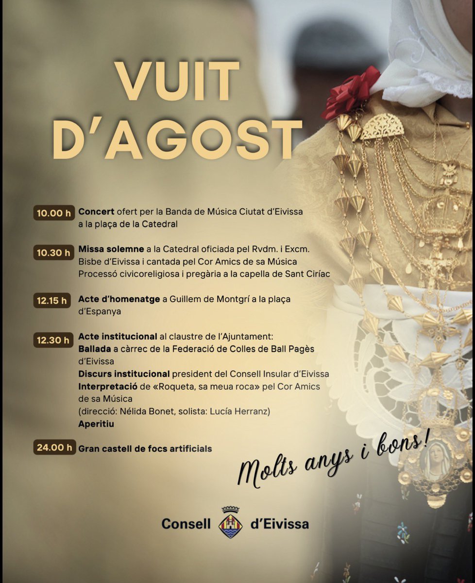 Consell_Eivissa's tweet photo. 🥳 Bon dia! És Vuit d'Agost!

I avui celebram Sant Ciriac amb un programa d’activitats ple de tradicions.

Us animam a participar-hi! 

Molts anys i bons!! Visca Eivissa!! https://t.co/TkZNLEbTsw