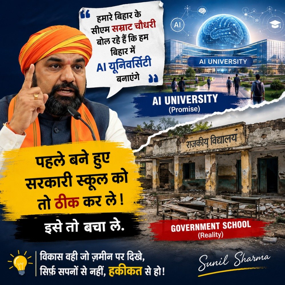 sharmaexpert2's tweet photo. विकास के बड़े सपने दिखाने से पहले, ज़मीनी हकीकत को सुधारना ज़रूरी है।
नई AI यूनिवर्सिटी अच्छी सोच है, लेकिन पहले टूटते हुए सरकारी स्कूलों की नींव मजबूत होनी चाहिए।

बिहार का भविष्य तभी मजबूत होगा, जब शिक्षा की नींव मजबूत होगी। 🇮🇳

#Bihar #Education  #GovernmentSchool https://t.co/JWhFBHeICO